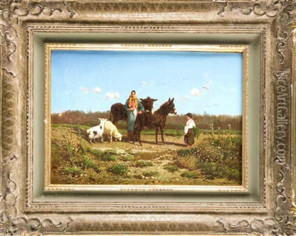 Bauerin Mit Kind, Zwei Eseln U. Schafen In Suditalienischer Landschaft Oil Painting - Giuseppe Laezza
