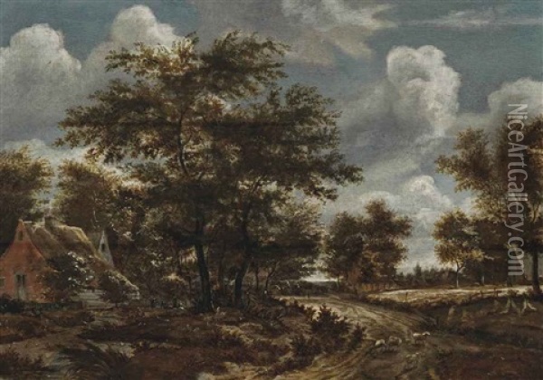 A Wooded Landscape With A Shepherd And His Flock On A Track Oil Painting - Jacob Van Ruisdael