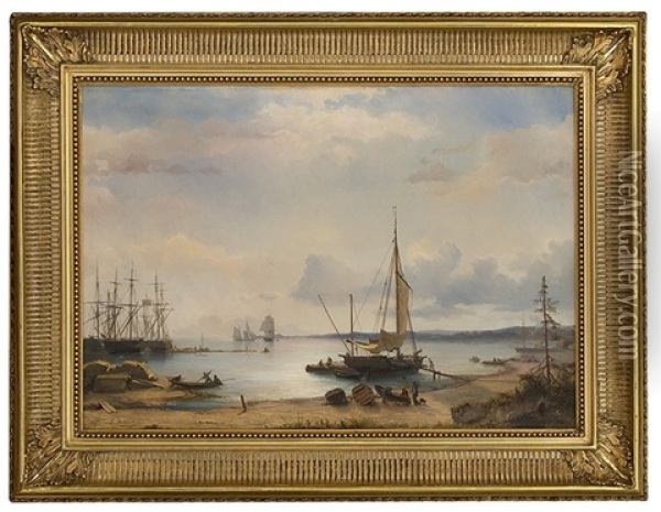 Scene From A Harbour With Sailing Ships Oil Painting - Johan Jakob Bennetter