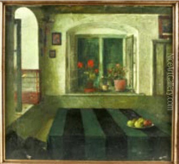 Bauernstube Mit Apfeln Auf Dem Tisch Und Topfblumen Auf Der Fensterbank Oil Painting - Carl Blos