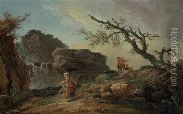 La Cascade: A Rocky Hillside With A Peasant Woman And Child Near A Waterfall And Boys Resting By A Blasted Tree Oil Painting - Hubert Robert