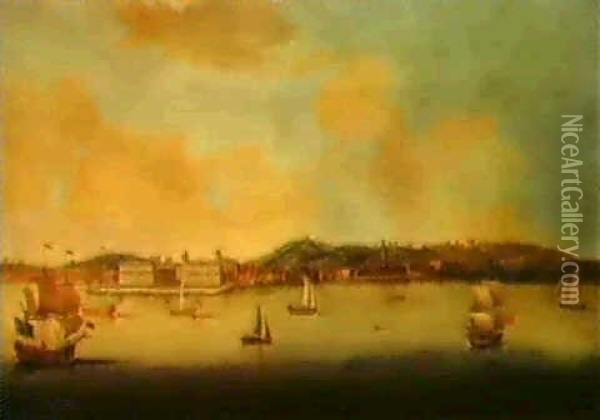 A Prospect Of Greenwich From The North Bank Of The Thames,  With Shipping In The Fore- Ground Oil Painting - Peter Monamy