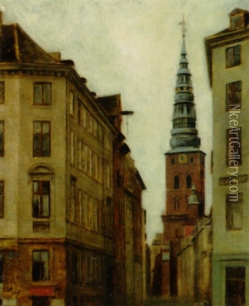 Skt. Nikolaj Kirkes Tarn Og Spir Set Fra Slotsholmen Oil Painting - Svend Hammershoi