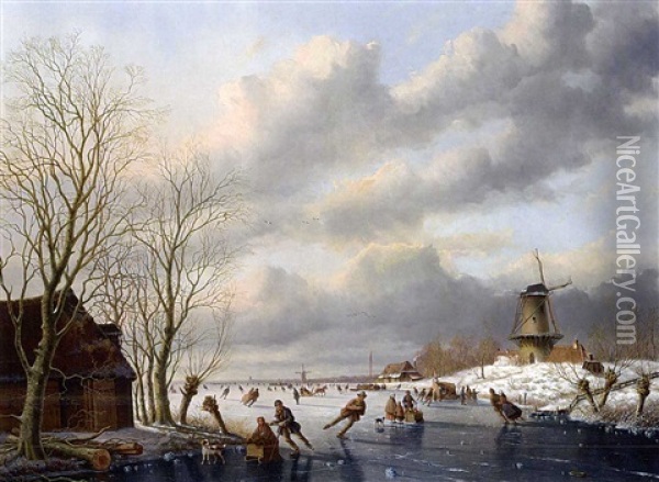 A Winter Landscape With Skaters On A Frozen River, A Windmill Beyond Oil Painting - Anthony Andreas de Meyer