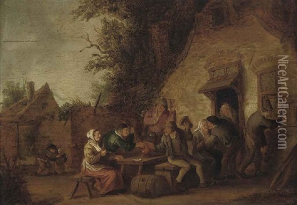 Peasants Carousing Outside A Tavern Oil Painting - Isaac Van Ostade