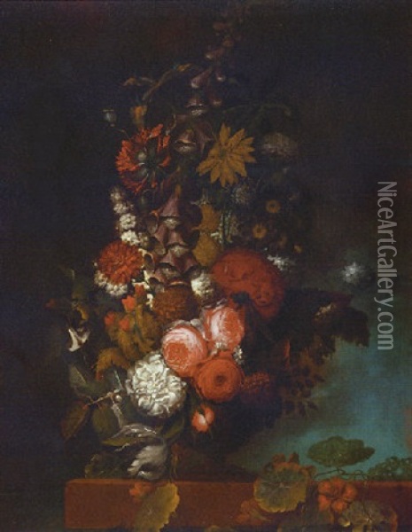 Roses, Chrysanthemums, Foxglove, Daisies, A Tulip And Other Flowers In An Urn On A Ledge Oil Painting - Jan Van Huysum
