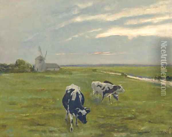 Cattle before a windmill at dusk Oil Painting - Arthur Heyer