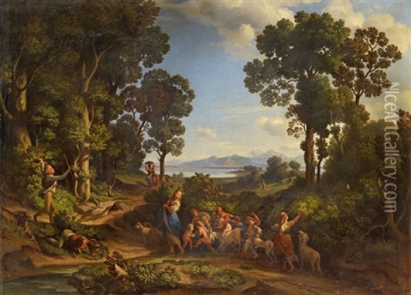 Italian Landscape With Shepherdess, Children And Goats Oil Painting - Heinrich Gaertner