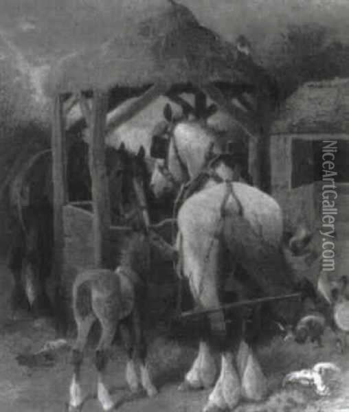 Workhorses And A Foal At A Well Oil Painting - Frederick E. Valter