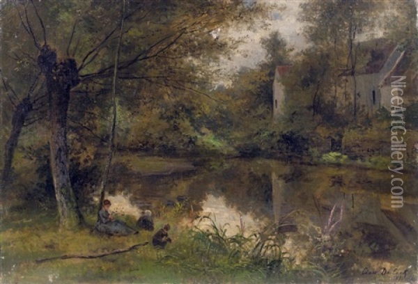 Enfants Jouant Au Bord D'une Riviere Oil Painting - Cesar De Cock