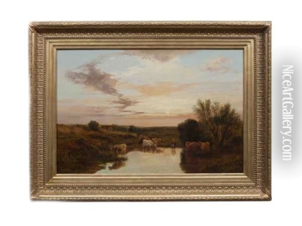 Cattle Watering At Sunset Oil Painting - George Shalders