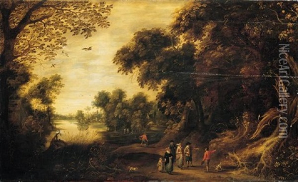 A Wooded River Landscape With Elegant Figures Conversing With A Traveller In The Foreground Oil Painting - Jasper van der Laanen