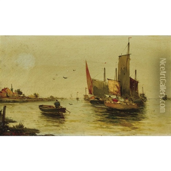 Kustenpartie Mit Segelschiffen Oil Painting - Johann Wagner-Deines