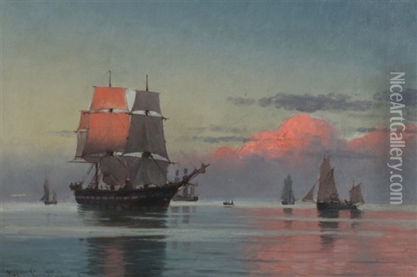 Seascape With Sailing Ships Oil Painting - Carl Ludvig Thilson Locher