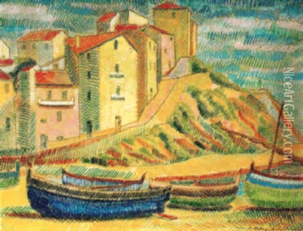 Banyuls - Barques Sur La Plage Oil Painting - Pierre De Belay