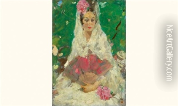 Portrait D'elegante A L'eventail Rose Oil Painting - Jacques Fernand Gonin