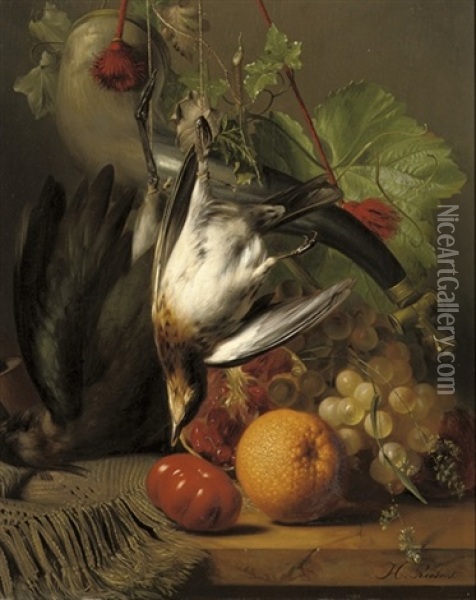 Fruit And Poultry On A Ledge Oil Painting - Johannes Reekers