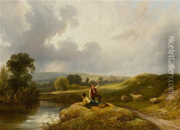 Landscape With Boys Fishing Oil Painting - John Frederick Tennant