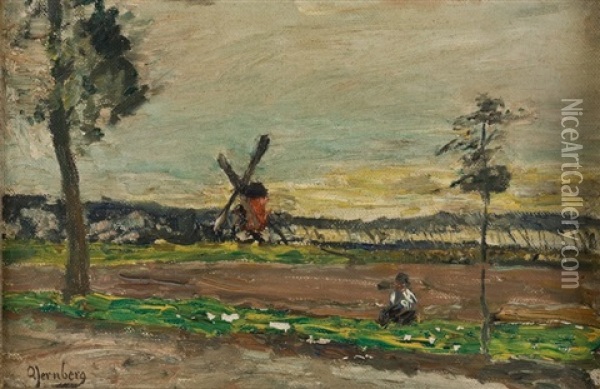 Landschaft Mit Windmuhle Und Rastendem Bauern (+ Landschaft Mit Spaziergangern, Lrgr; 2 Works) Oil Painting - Olof August Andreas Jernberg