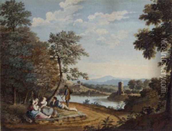 An Extensive River Landscape With A Peasant Family Resting By The Shore Oil Painting - Giovanni Battista Busiri