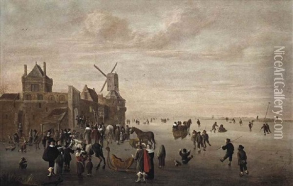 A Winter Landscape With Figures Skating, Sleigh Riding And Conversing On The Ice Near A Town Wall Oil Painting - Cornelis Beelt