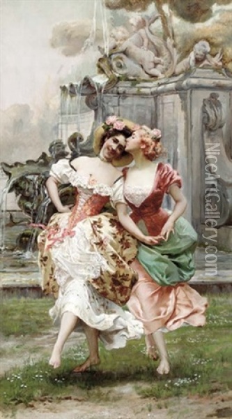 Young Girls Dancing By A Fountain Oil Painting - Gioacchino Pagliei