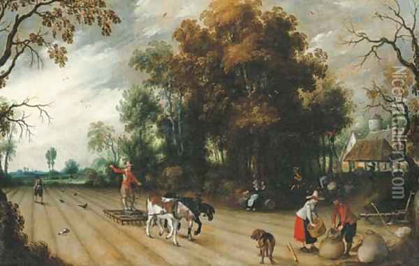 Peasants working the fields during the harvest Oil Painting - Sebastien Vrancx