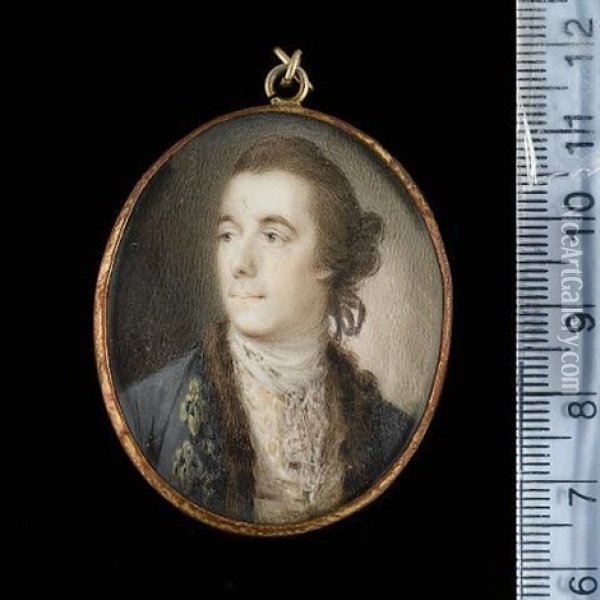 A Gentleman, Wearing A Fur-trimmed Grey Coat With Gold Embroidered Button Holes, Patterned White Waistcoat And Lace Cravat, His Hair Worn En Queue With A Black Ribbon Oil Painting - Ozias Humphry