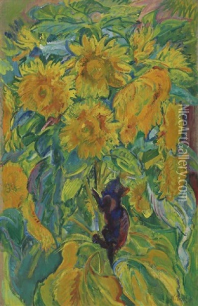 Sunflowers With Kitten Oil Painting - Nikolai Aleksandrovich Tarkhov