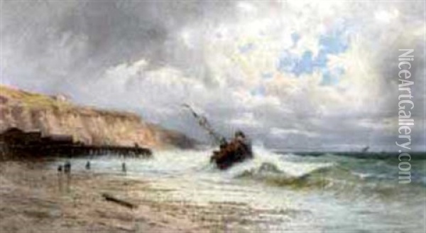 A Fishing Vessel Attempting To Beach In The Swell Oil Painting - Alfred Godchaux