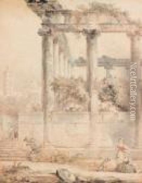 Le Temple De Saturne A Rome Anime De Personnages
 Aquarelle Oil Painting - Hubert Robert