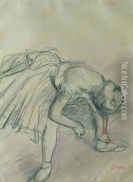 Dancer Fixing her Slipper, c.1865 Oil Painting - Edgar Degas