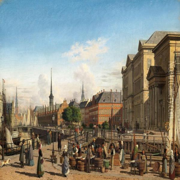 Summer Day In Hojbro Plads Copenhagen Oil Painting - Heinrich Hansen