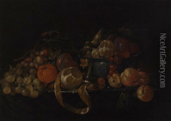 A Partly-peeled Lemon On A Pewter Plate, And Plums, Cherries And Other Fruit In A Porcelain Bowl, With Grapes, Plums, A Gherkin And Peaches On A Partly-draped Table Oil Painting - Cornelis De Heem