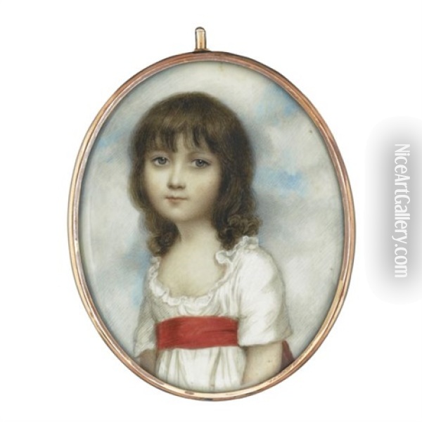 Portrait Of Miss Meliora Butter Wearing A White Dress And Red Sash Oil Painting - Andrew Plimer