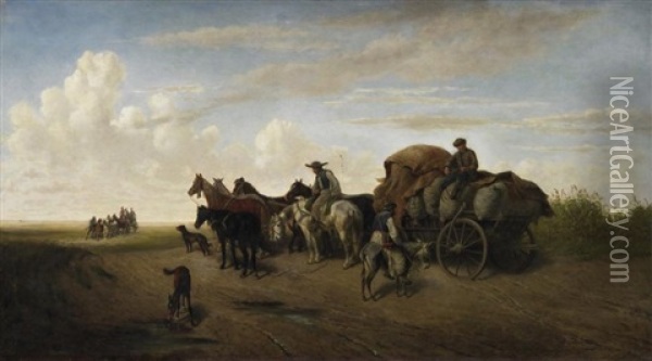 In Der Puszta. Bauern Auf Ihren Pferdefuhrwerken Oil Painting - Heinrich Lang