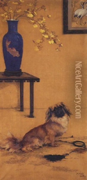 A Pekinese In An Oriental Interior Oil Painting - Maud Earl