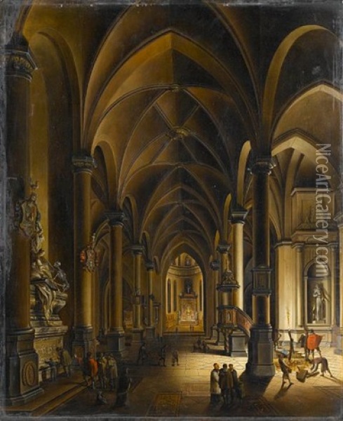 A Church Interior By Night (+ A Church Interior By Day; Pair) Oil Painting - Johann Ludwig Ernst Morgenstern