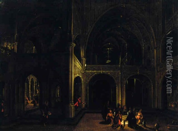 A Courtyard Of A Palace At Night With Revellers Feasting By Candlelight Oil Painting - Peeter Neeffs the Younger