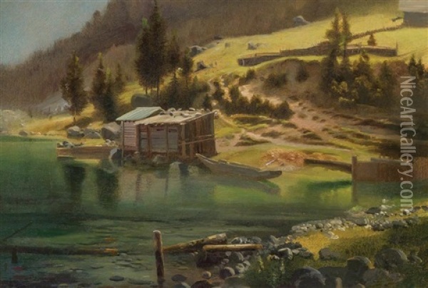 Fishing And Hunting Camp, Loring, Alaska C. 1889 Oil Painting - Albert Bierstadt