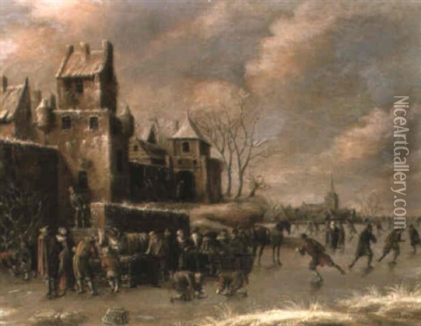 Skaters On A Frozen River By A Walled Town Oil Painting - Thomas Heeremans