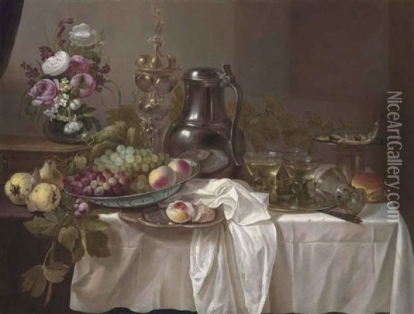 Grapes And Peaches In A Wan-li Porcelain Bowl, Roemers On A Pewter Platter, Peonies, Roses And Other Flowers In A Vase On A Wooden Box, With Pears Oil Painting - Cornelis Cruys