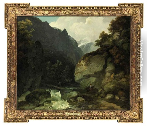 A Mountainous River Landscape In The Alps, With Travellers On A Path Oil Painting - Philip James de Loutherbourg