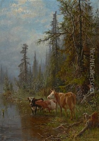 Buskap Ved Vanningssted Oil Painting - Anders Monsen Askevold