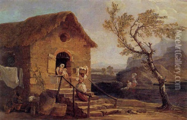Washerwomen By A Cottage Along The Banks Of A River Oil Painting - Hubert Robert