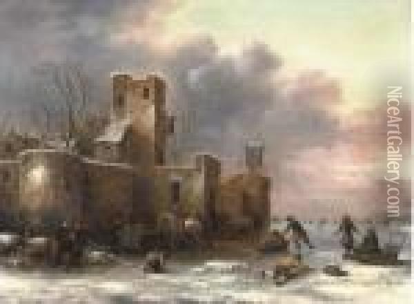 A Winter Landscape With Figures Skating Outside A City Wall Oil Painting - Claes Molenaar (see Molenaer)