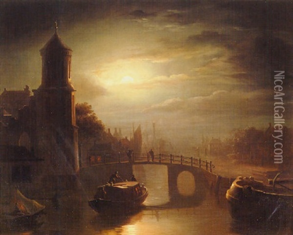 Barges On A Canal By Moonlight Oil Painting - Petrus van Schendel