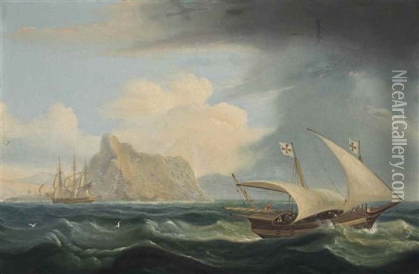 A British Warship And A Maltese Xebec In The Straits Of Gibraltar Oil Painting - Thomas Luny