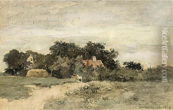 View Of A Landscape With Horses On A Path Oil Painting - Jan Hendrik Weissenbruch