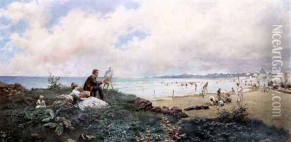 The Artist And His Family On The Beach Oil Painting - Jose Echena